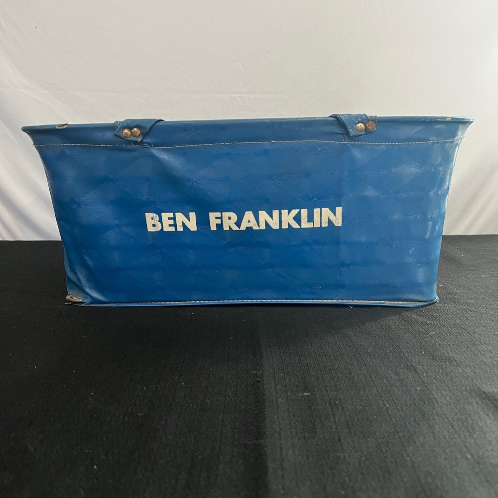 Vintage Ben Franklin Five and Dime Blue Vinyl Shopping Basket Metal Frame Tote